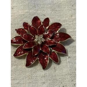 RED GLITTER ENAMEL GOLDEN METAL AND RHINESTONES POINSETTIA FLOWER PIN OR BROOCH